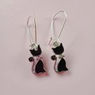 Silver black enamel cat charm earrings