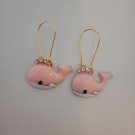 Gold pink enamel whale charm earrings