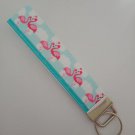 Pink and blue flamingo print key fob wristlet
