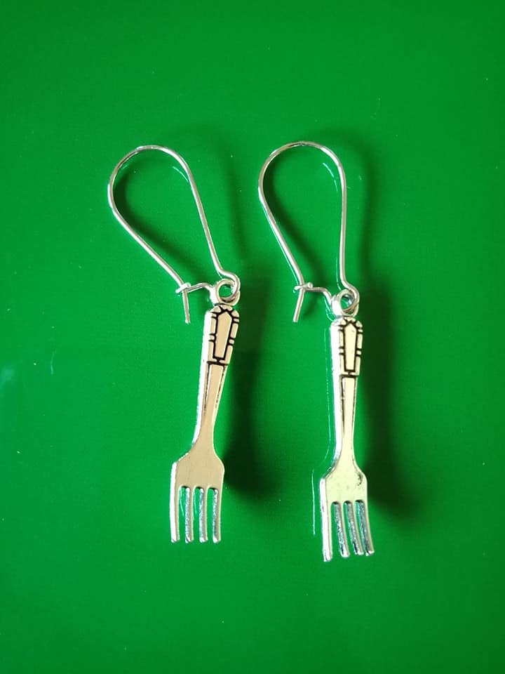 Silver fork charm earrings