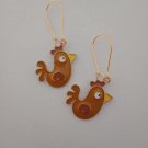 Gold brown enamel chicken / rooster charm earrings