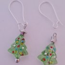 Silver and green glass Christmas tree dangle earrings
