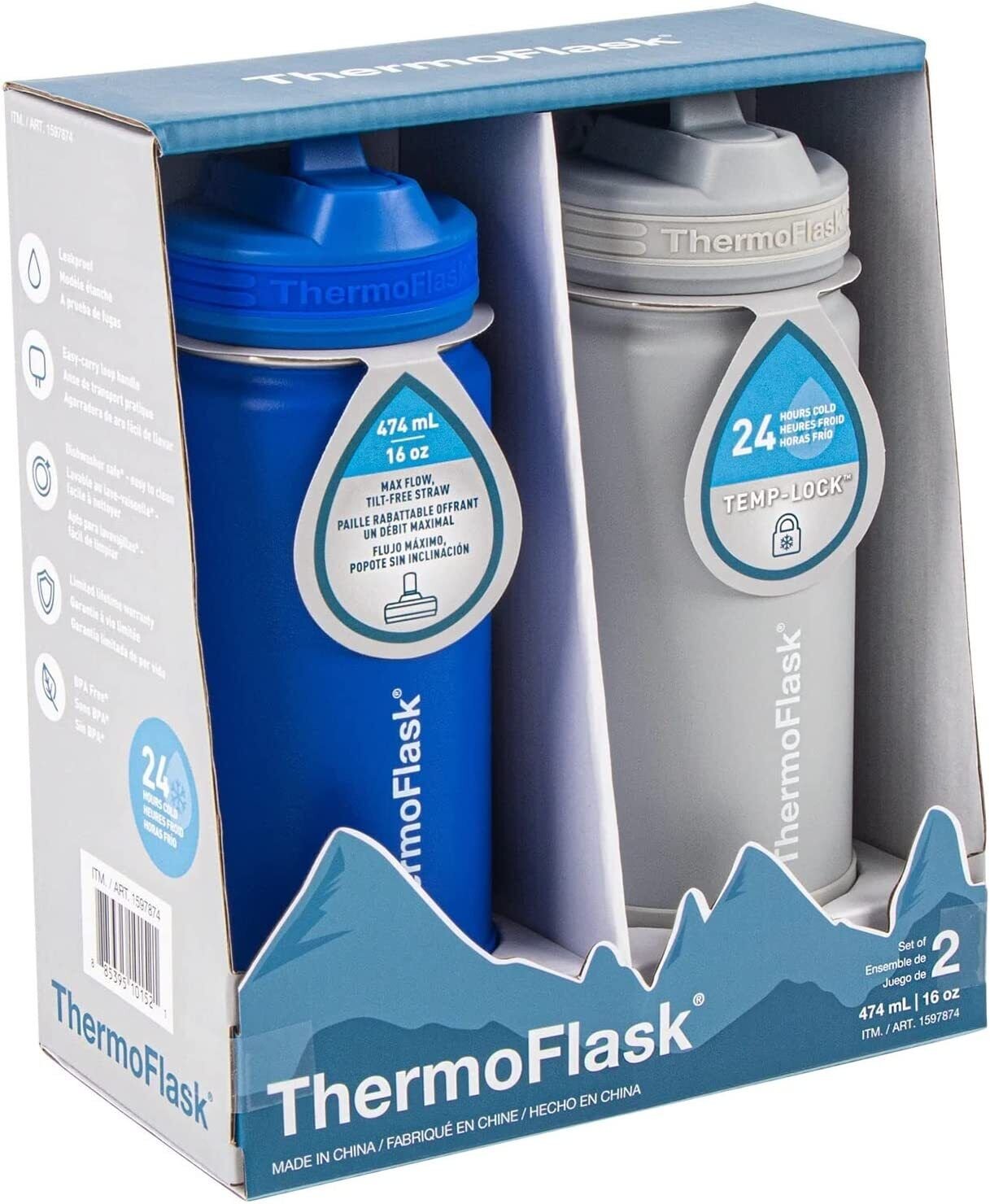 ThermoFlask 16 Oz Kids Water Bottles Stainless Steel LeakProof Straw