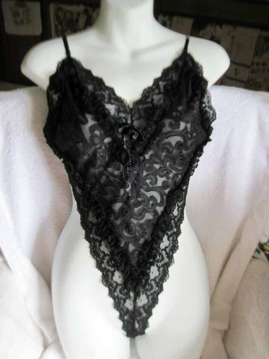 Small Delicates Black Lace Teddy Unisuit Ribbon Back 100% Polyester U.S.A. Made