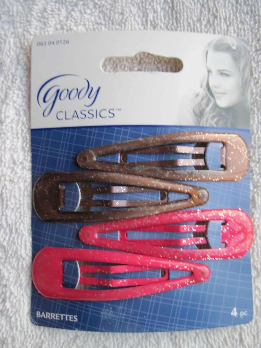 4 Goody Classics Glittery Epoxy Covered Metal Hair Snap Clips Magenta Pink Brown