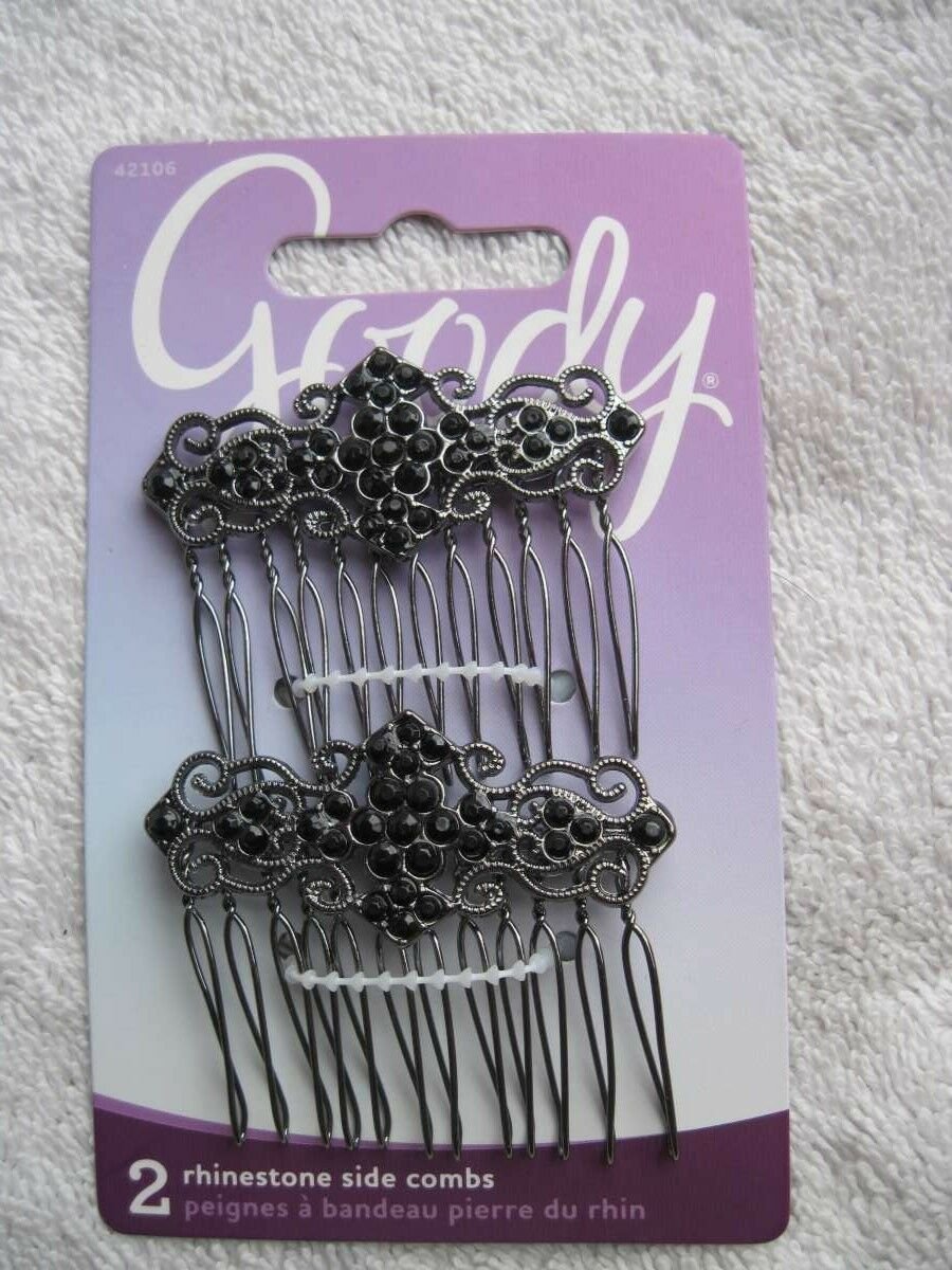 Goody Luxe Cecilia Side Combs Fancy Black Rhinestones Swirls Open Teeth Metal 09