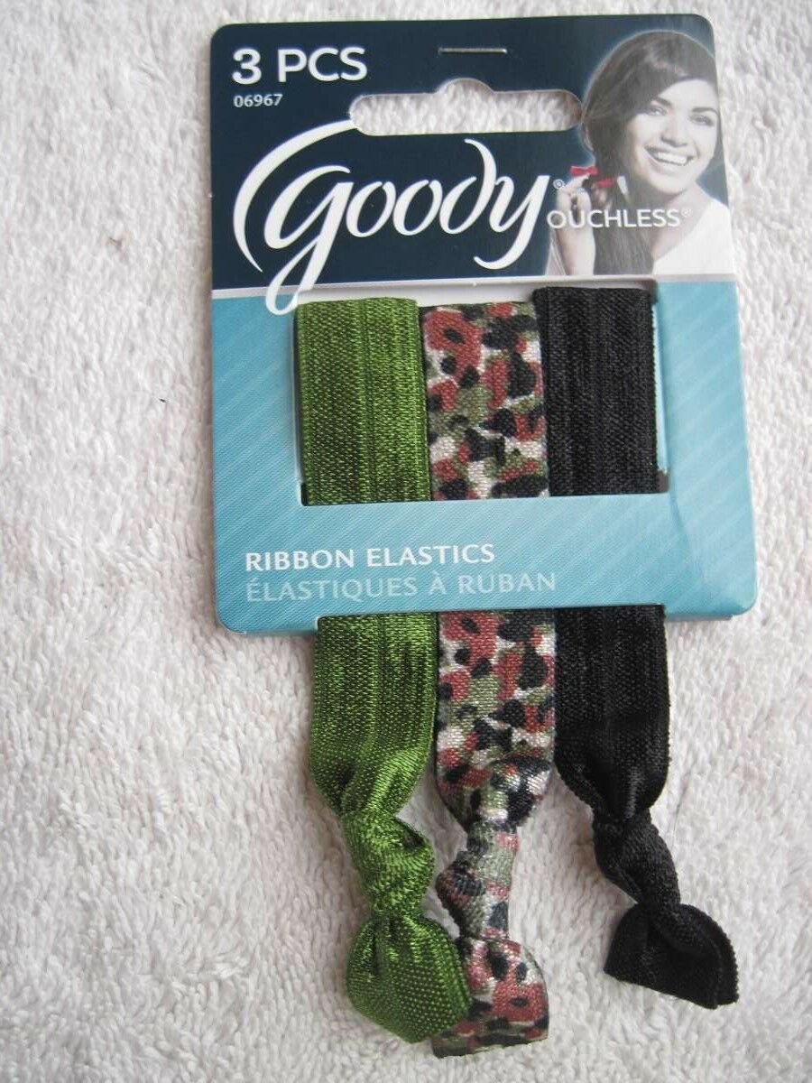 3 Goody Ribbon Elastics Ponytailer Hair Bands No Metal Shiny Camouflage Green