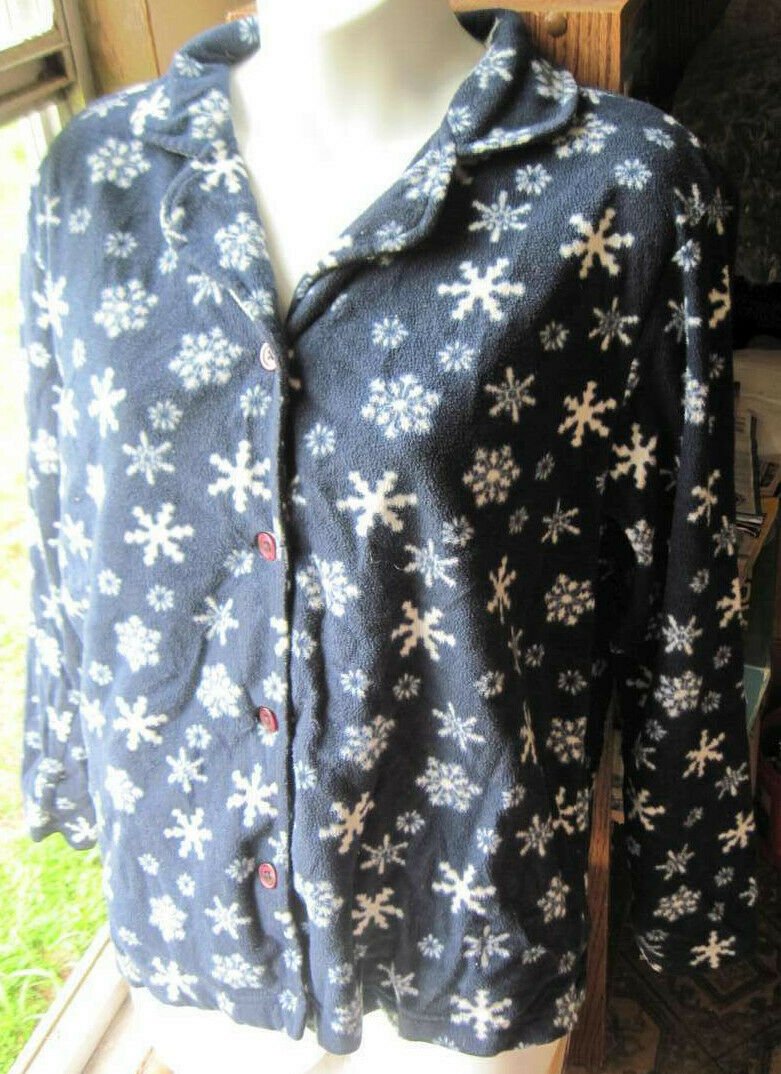 Gap Medium Snowflake Long Sleeve Collared Button Pajama Top Navy Blue Polyester
