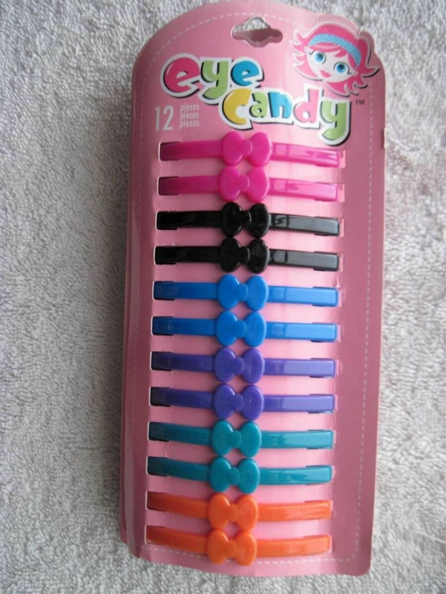 12 Eye Candy Bright All Plastic Flat Tight Hair Barrettes Clips Pins No Metal