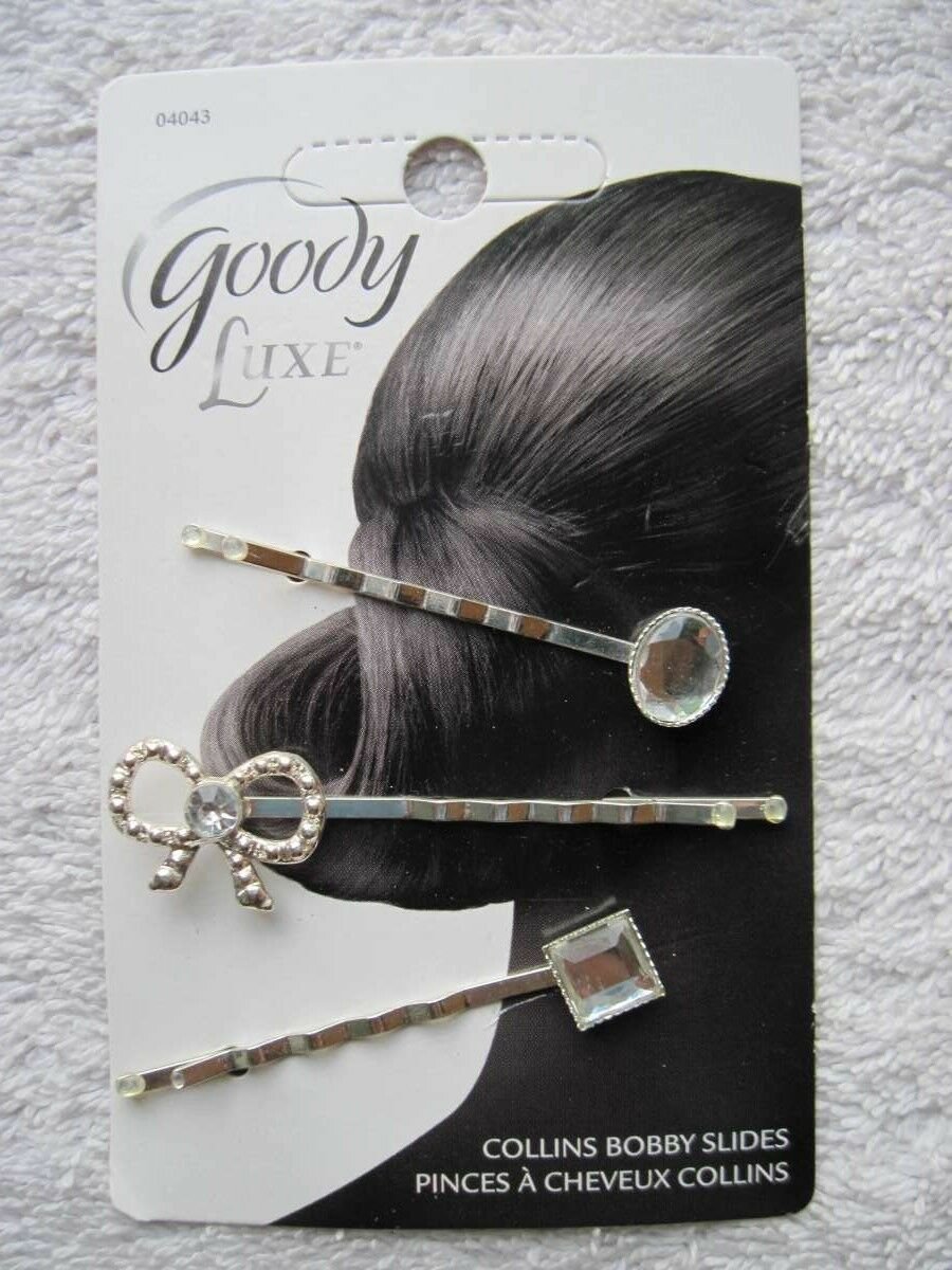 3 Goody Shiny Silver Diamond Gem Bow Oval Metal Collins Bobby Slide Hair Pins