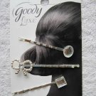 3 Goody Shiny Silver Diamond Gem Bow Oval Metal Collins Bobby Slide Hair Pins