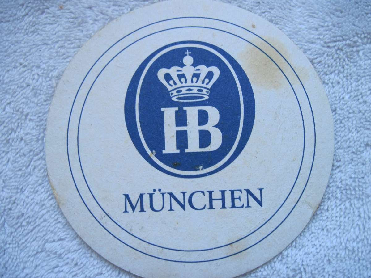 HB Munchen Pulp Board Beer Drink Coaster Blue White Crown Stained Dirty