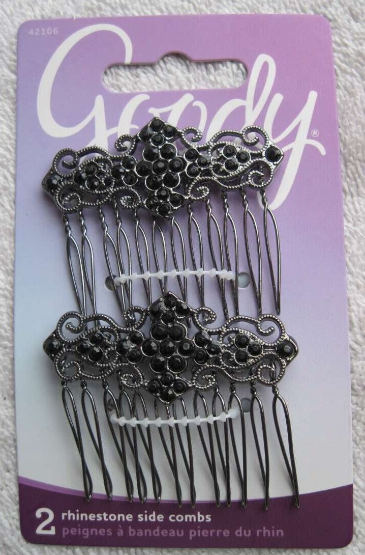 Goody Luxe Cecilia Side Combs Fancy Black Rhinestones Swirls Metal Open Teeth