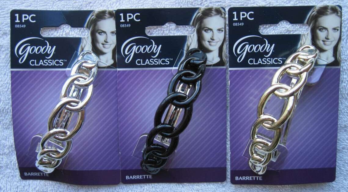 Interlocking Ring Chain Goody Plastic Hair Barrette Metal Back Silver Gold Black