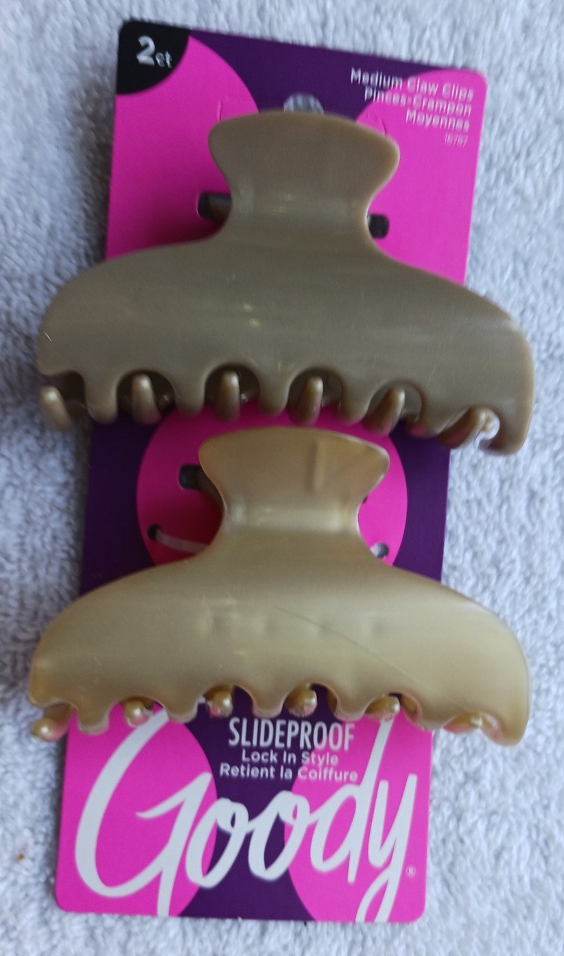 2 Goody Slideproof Inner Teeth Medium Claw Clips Hair Jaw Plastic GoldTan Blonde