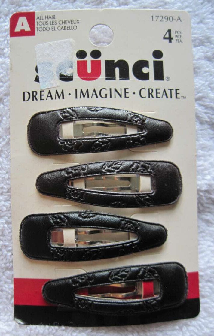 4 Scunci Black Pleather Leaf Tooling Cover Metal Snap Contour Hair Clips Conair