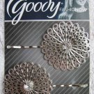 2 Goody Shiny Silver Round Design Diamond Gem Center Metal Bobby Slide Hair Pins