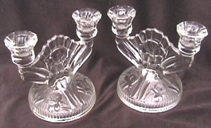 Jeannette iris & herringbone clear double candlesticks