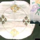 Silk embroidered linen table cover 21" diameter crocheted edge