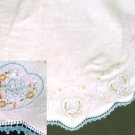 Table runner hand embroidered hearts blue crochet edge 40" long