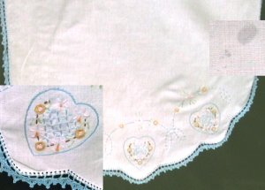 Table runner hand embroidered hearts blue crochet edge 40" long