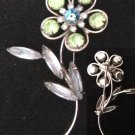 Rhinestone flower pin green pronged rhinestones petal, light blue Rhinestone flower pin green pronged rhinestones petal, light blue