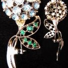 Rhinestone vintage pin blue cluster flower green rhinestones stem Rhinestone vintage pin blue cluster flower green rhinestones stem
