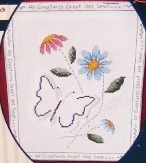 Cross stitch kit All Creatures Great and Small butterfly & flowers banner by Plaid
