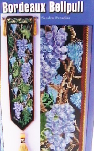 Cross stitch leaflet Bordeaux Bellpull grapes vines pattern on black bell pull