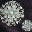 Vintage pin pewter like scroll work flower center aqua turquoise stone 2 1/2" diameter Vintage pin pewter like scroll work flower center aqua turquoise stone 2 1/2" diameter