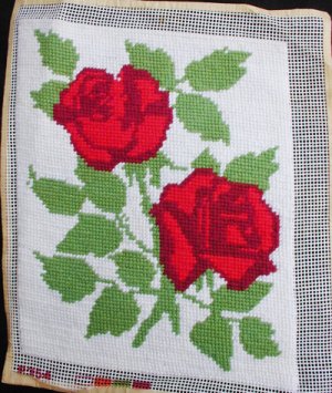 Completed finished needlepoint pillow top red roses 8x10 inches
