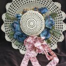 Hand crocheted hat light beige blue flowers 15" wall decor Hand crocheted hat light beige blue flowers 15" wall decor