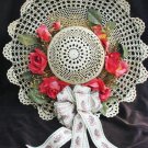 Hand crocheted hat roses bear ribbon 15" wall decor