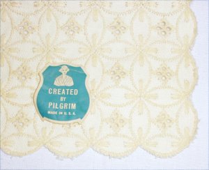 Vintage table runner cloth Pilgrim USA label ecru with darker beige design 40x13.5 inches