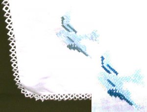 Table scarf cloth 34" square tatted edge bluebird embroidery