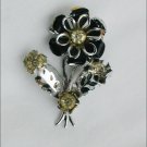 Vintage pin black painted flower rhinestones silver tone unmaked jewelry Vintage pin black painted flower rhinestones silver tone unmaked jewelry