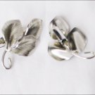 Tooled silver tone metal clip earrings 3 petals vintage jewelry