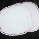 2 Linen doilies pink crochet edges 14.5" rounded edges bureau scarves vintage