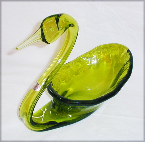 Rainbow Glass green swan planter candy dish & label elegant art glass ...