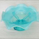 Blue opalescent ruffled edge glass nut dish or candy bowl pedestal base unmarked