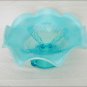 Blue opalescent ruffled edge glass nut dish or candy bowl pedestal base unmarked