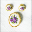 Needlepoint purple flowers pin & clip earring set retro jewelry pettipoint Needlepoint purple flowers pin & clip earring set retro jewelry pettipoint