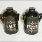 Coffee pot shape salt pepper shakers Japan blue sticker brown glaze pottery tiny