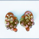 Thermoplastic clip earrings bead grapes vine design plastic oval vintage amber