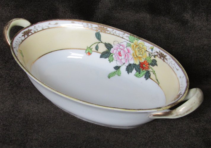 Nippon two handled oval dish bowl moriage edge hand painted porcelain