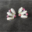 Vintage earrings iridescent red rhinestones faux long pearls clip on Vintage earrings iridescent red rhinestones faux long pearls clip on