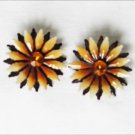Painted metal earrings brown beige center rhinestone retro clip on flowers aster