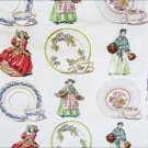 Screen print fabric teacups saucers ladies vintage 1961 some light stains Screen print fabric teacups saucers ladies vintage 1961 some light stains