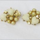 Clip on earrings faux pearls white hard plastic hearts gold tone setting vintage
