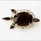 Black rhinestone turtle silvertone pin vintage brooch no markings good shape